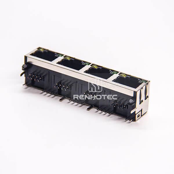 4 Port RJ45 PCB with EMI Right Angle Through Hole with EMI