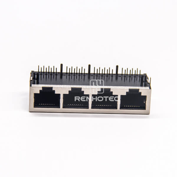RJ45 4 Port Shielded Female Connector Right Angle 8p8c DIP PCB Mount Without LED