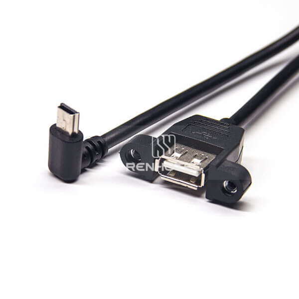 Mini USB Cable 1M Extension Down Angle Male to Type A Female Straight with Screw Holes