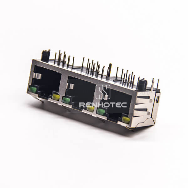 RJ45 Right Angle Connector 8P8C 3 Port Through Hole with LED EMI for PCB Mount