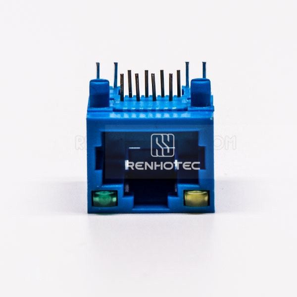 Female RJ45 Connector 1 Port 90 Degree Blue without Shield and With LED for PCB