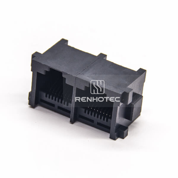 RJ45 Socket PCB Mount Unshielded Black Plastic Straight 2 Port Through Hole