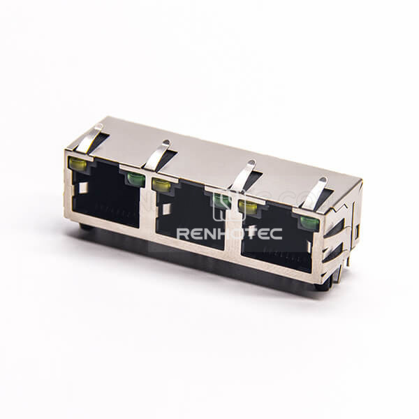 RJ45 Right Angle Connector 8P8C 3 Port Through Hole with LED EMI for PCB Mount