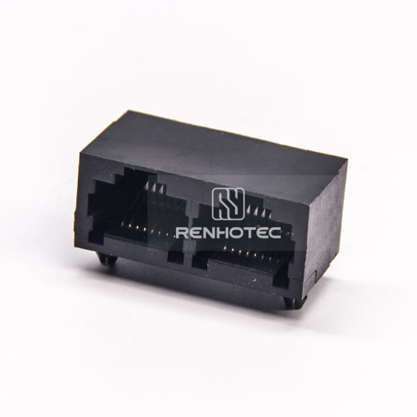 2 Port RJ45 90 Degree DIP Type 8P8C Network Connector Black Plastic
