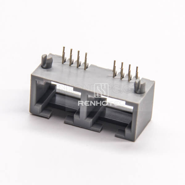 RJ45 Gray Plastic Double Prot Right Angle Unshielded DIP Type Without LED