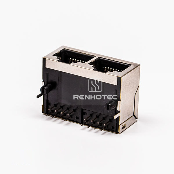 8P RJ45 Female Connectors 90 Degree 2 Port without LED and with Shield for PCB