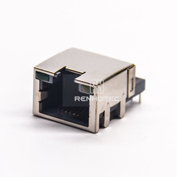 RJ45 Right Angle Single Port Female Connector Through Hole for PCB Mount Offset Type with LED
