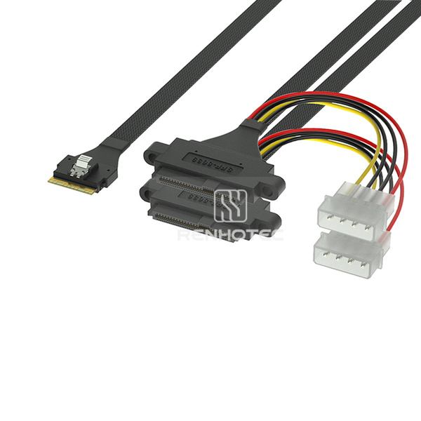 SlimSAS SFF-8654 8i to 2 x U.2 SFF-8639 Breakout Cable, 4-pin power, Mounting ears