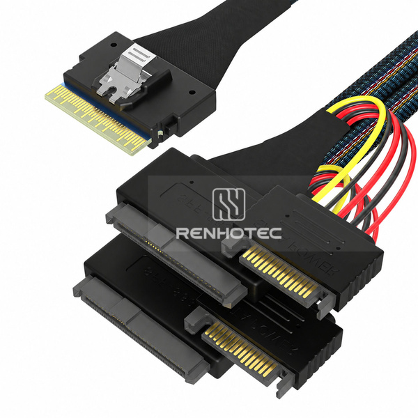 SlimSAS SFF-8654 8i to 2 x U.2 SFF-8639 Breakout Cable, 15-pin power, Mounting ears