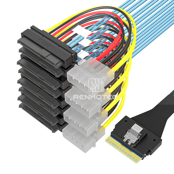 SlimSAS SFF-8654 8i to 8 x SAS SFF-8482 Breakout Cable, 4-pin power