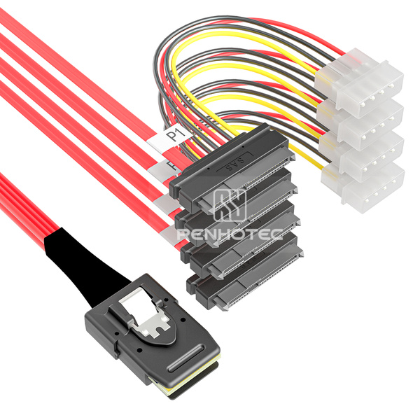 Mini-SAS SFF-8087 to 4 x SAS SFF-8482 Breakout Cable, Power leads, Red