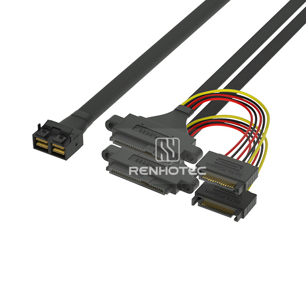 Mini-SAS HD SFF-8643 8i to 2 x U.2 SFF-8639 Breakout Cable, 15-pin power, Mounting ears