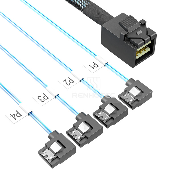 Mini-SAS HD SFF-8643 to 4 x SATA Breakout Cable, Right bend