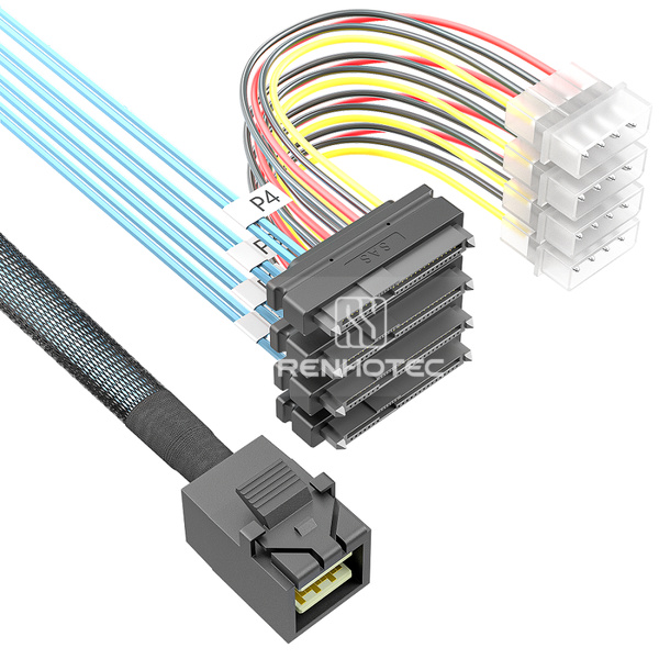 Mini-SAS HD SFF-8643 to 4 x SAS SFF-8482 Breakout Cable, 4-pin power
