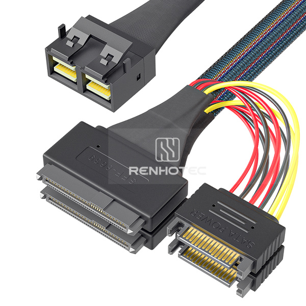 Mini-SAS HD SFF-8643 8i to 2 x U.2 SFF-8639 Breakout Cable, 15-pin power