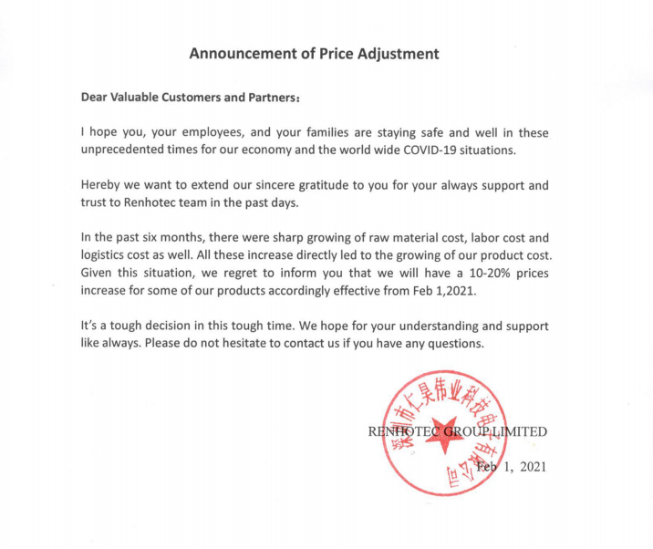 Renhotec February 2021 price adjustment notice